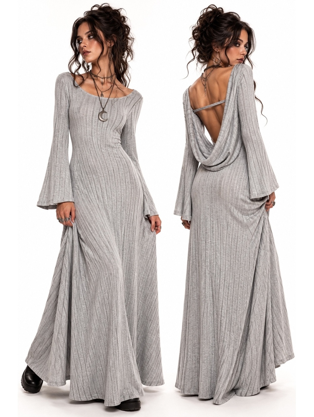 SHEIN Gray Ribbed Cowl Back Bell Sleeve Whimsigoth Maxi Dress L